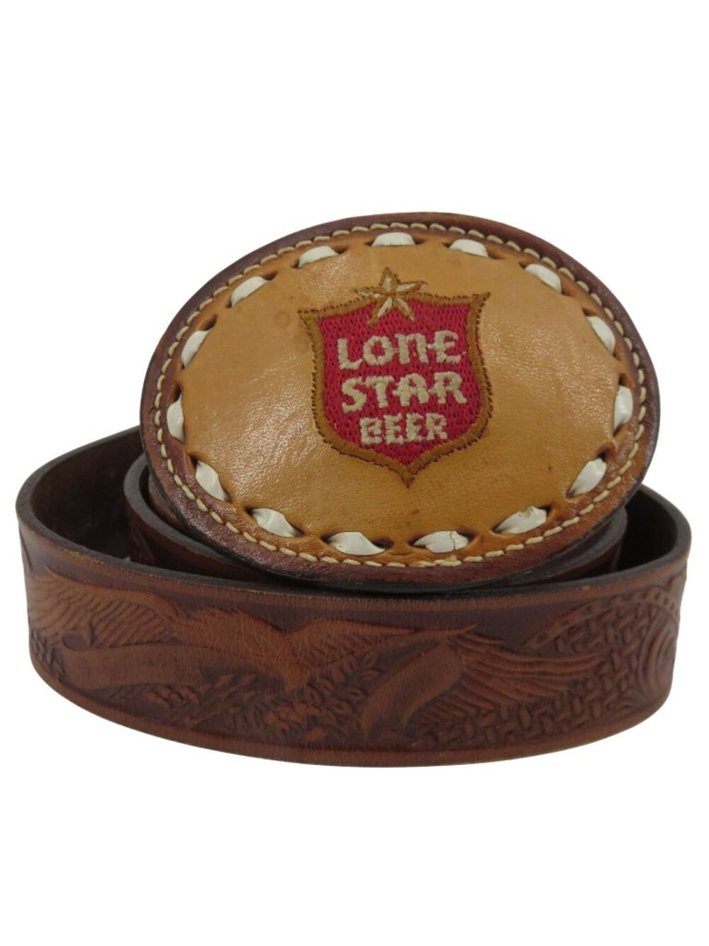 VTG Lone Star Beer Embroidered Buckle Tooled Leather Belt Men 42 Top Grain Brown